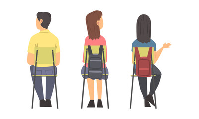 Obraz premium View from behind of young people sitting in chairs in row, students listening lecture cartoon vector illustration