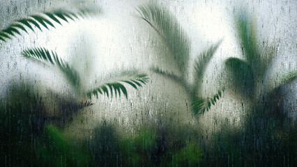 Blurred tropic leaves behind Frosted glass with waterdrops. Glassmorphism. Tropical leaf background. 3d illustration.