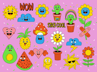 Funny cartoon characters. Big set of comic elements in trendy retro cartoon style. Vector illustration of heart, patch, cute sun, cloud, watermelon, avocado, flower, lightning and mushroom faces etc