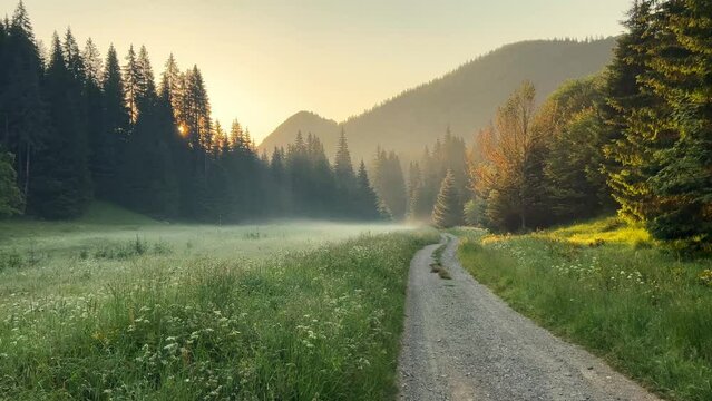beautiful landscape view of countryroad across a green meadow with morning mist surrounded by forest at sunrise