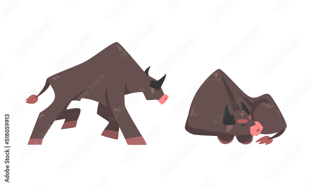 Sticker Big bull farm animal in different activities set cartoon vector illustration