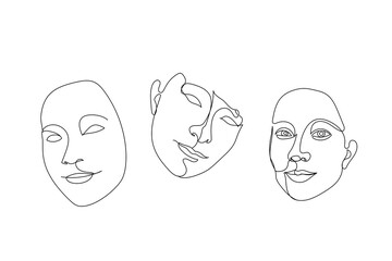 Female face one single line drawings set