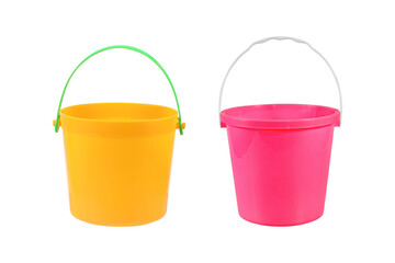 Two empty pink and yellow plastic household bucket  isolated on white background  with clipping path include for design usage purpose. - obrazy, fototapety, plakaty