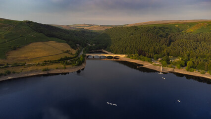 Ladybower Reservoir at the Peak District National Park - DERBYSHIRE - with very low water levels