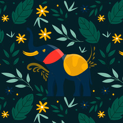 Cute Elephant with Flower Pattern on Dark Background