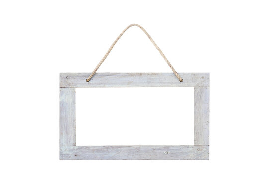 empty wooden sign with lope for hang on white background with clipping path