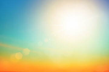 Relaxing outdoors vacation landscape concept: Abstract blurred sunlight beach colorful blurred bokeh background with retro effect autumn sunset sky have blue bright, white, and color orange calm.