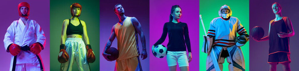 Sport collage of professional athletes on gradient multicolored neoned background. Concept of...