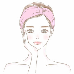 頬に手を当てるヘアバンドの女性上半身イラスト