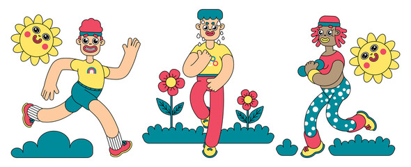 Running people clipart set. Cartoon characters, men and woman, go in for sports outdoors. Vector illustration.