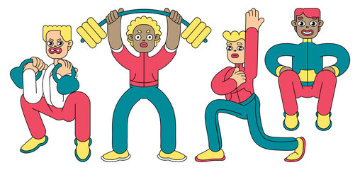 Set of male cartoon characters doing sports. Funny men perform sports exercises, squat, raise the barbell and dumbbells. Vector illustration.