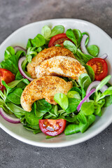 chicken salad vegetable, green lettuce leaves cuisine fresh healthy meal food snack diet on the table copy space food background