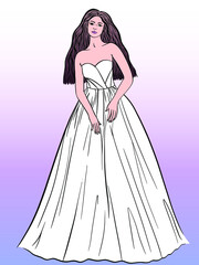 Beautiful bride in long elegant white dress. Wedding vector illustration.