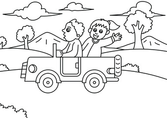hand drawn doodle children riding in the car in the mountains vector illustration for coloring page