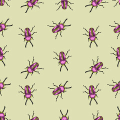 Bright colored seamless pattern with cute red beetle