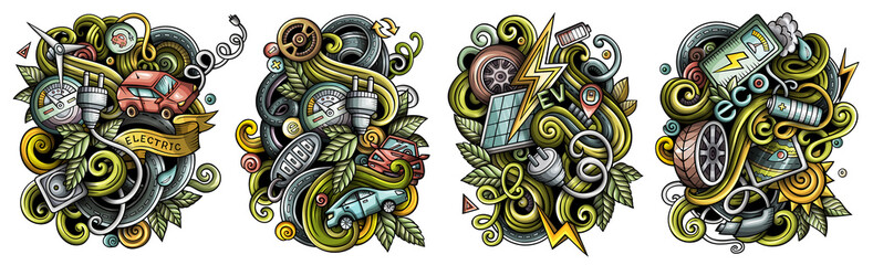 Electric Cars cartoon vector doodle designs set.