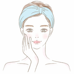 頬に手を当てるヘアバンドの女性上半身イラスト