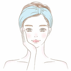 頬に手を当てるヘアバンドの女性上半身イラスト