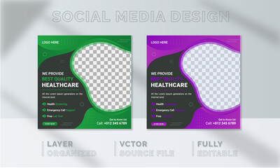 Health Care social media post, Webinar social media template collection. Modern Medical banner, Creative Digital Marketing design. Square Flyer Template with Editable, Instagram post story web banner.