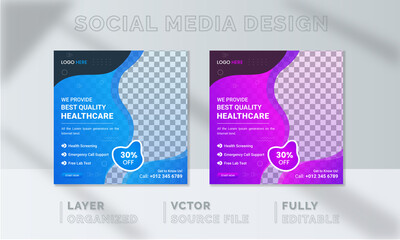 Health Care social media post, Webinar social media template collection. Modern Medical banner, Creative Digital Marketing design. Square Flyer Template with Editable, Instagram post story web banner.