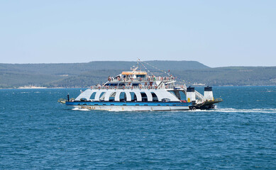 Car ferry, an old car ferry that sails on the Bosphorus in the Turkish province of Canakkale or...