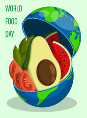 World Food Day. Abundance of food. Festive paper poster with halves of avocado fruit, tomatoes and watermelon. Flat vector illustration