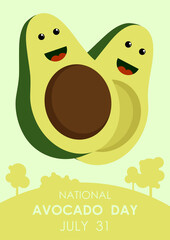 National Avocado Day. Festive A4 paper poster with avocado fruit halves and farm landscape. Flat vector illustration