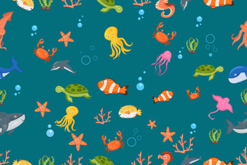 Fototapeta na wymiar Fish and wild marine animals pattern. Seamless background with cute marine fishes, smiling shark characters and sea underwater world vector nautical wallpaper