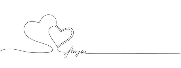 Continuous line drawing of love sign with two hearts embrace minimalism design on white background