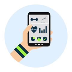 Flat Design Kreis: Fitness App - Sportliche Personhält Smartphone