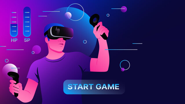 Video Gaming in Metaverse. Leisure Activities in Virtual Reality. Vector illustration