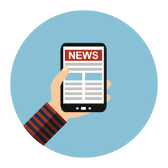 Flat Design Kreis: News und Nachrichten lesen - Hand hält Smartphone