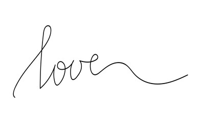 One line continuous drawing. Vector hand written word Love. Modern lettering, minimal calligraphy style, design element for print, banner, wall art poster. Romance concept, Valentine’s Day card.