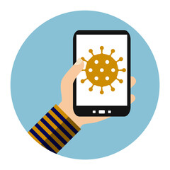 Flat Design Kreis: Coronavirus Warnung- Hand hält Smartphone
