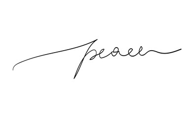 Peace word hand written in minimal calligraphy style. One line continuous vector drawing. Modern lettering, design element for print, banner, wall art poster, card.