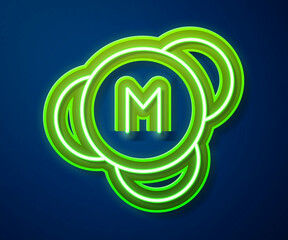 Glowing neon line Molecule icon isolated on blue background. Structure of molecules in chemistry, science teachers innovative educational poster. Vector
