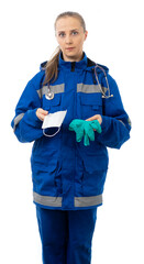 Portrait. Woman in a medical uniform. the doctor, the nurse smiles, looks at us and offers us personal protective equipment: a mask and gloves. isolated