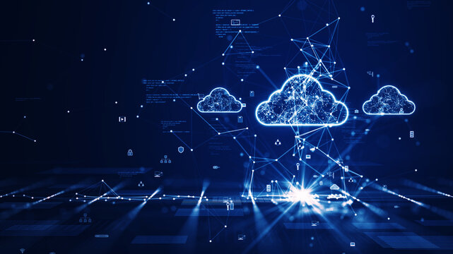 Cloud and edge computing technology concept with cybersecurity data protection system. Three large cloud icons stand out on the right side. polygon connect code small icon on dark blue background.