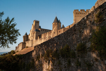 View of Cité de Carcassonne during golden hour evening sunset