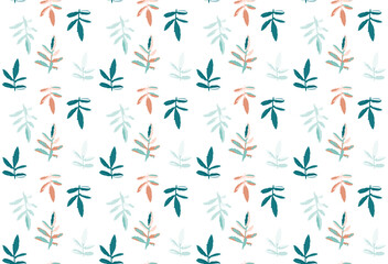Modern summer print. Deep and soft colour combination. Turquoise, blue and orange leaves. Floral seamless pattern.
