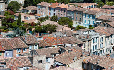 Fototapeta premium Looking down over the orange tiled rooftops of Carcassonne in the south of France