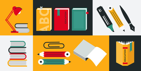 Set of various office supplies and stationery.Back to school. Collection of icons and stationery symbols.