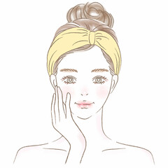 頬に手を当てるヘアバンドのお団子女性上半身イラスト