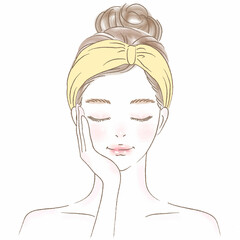 頬に手を当てるヘアバンドのお団子女性上半身イラスト