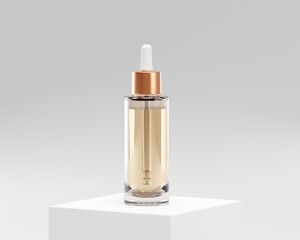 Minimalistisches Mockup einer braunen Glasflasche mit Pipette für Kosmetikprodukte und Medizin, 3D Rendering ohne Etikett