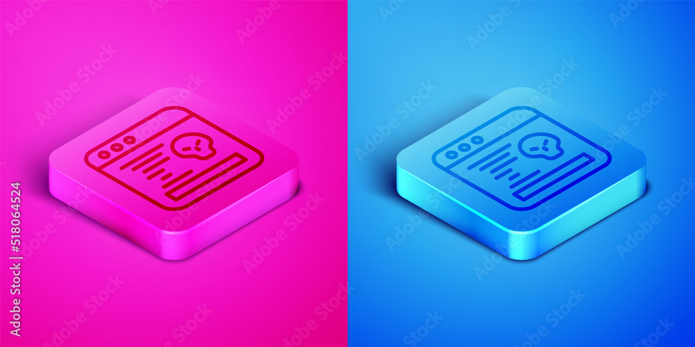 Poster isometric line system bug concept icon isolated on pink and blue background. code bug concept. bug i