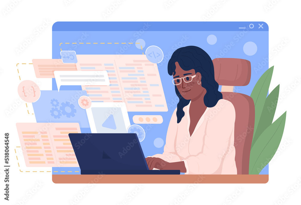 Poster software engineer at work 2d vector isolated illustration. coding flat character on cartoon backgrou