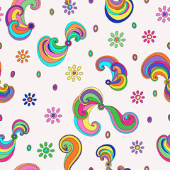 Psychedelic seamless doodle pattern. Decorative elements, spirals, flowers. Prints, packaging design, textiles, bedding and wallpaper.