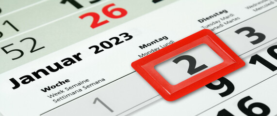 Deutscher Kalender Datum 2. Januar 2023  Montag