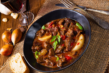 classic beef goulash with peppers and onions